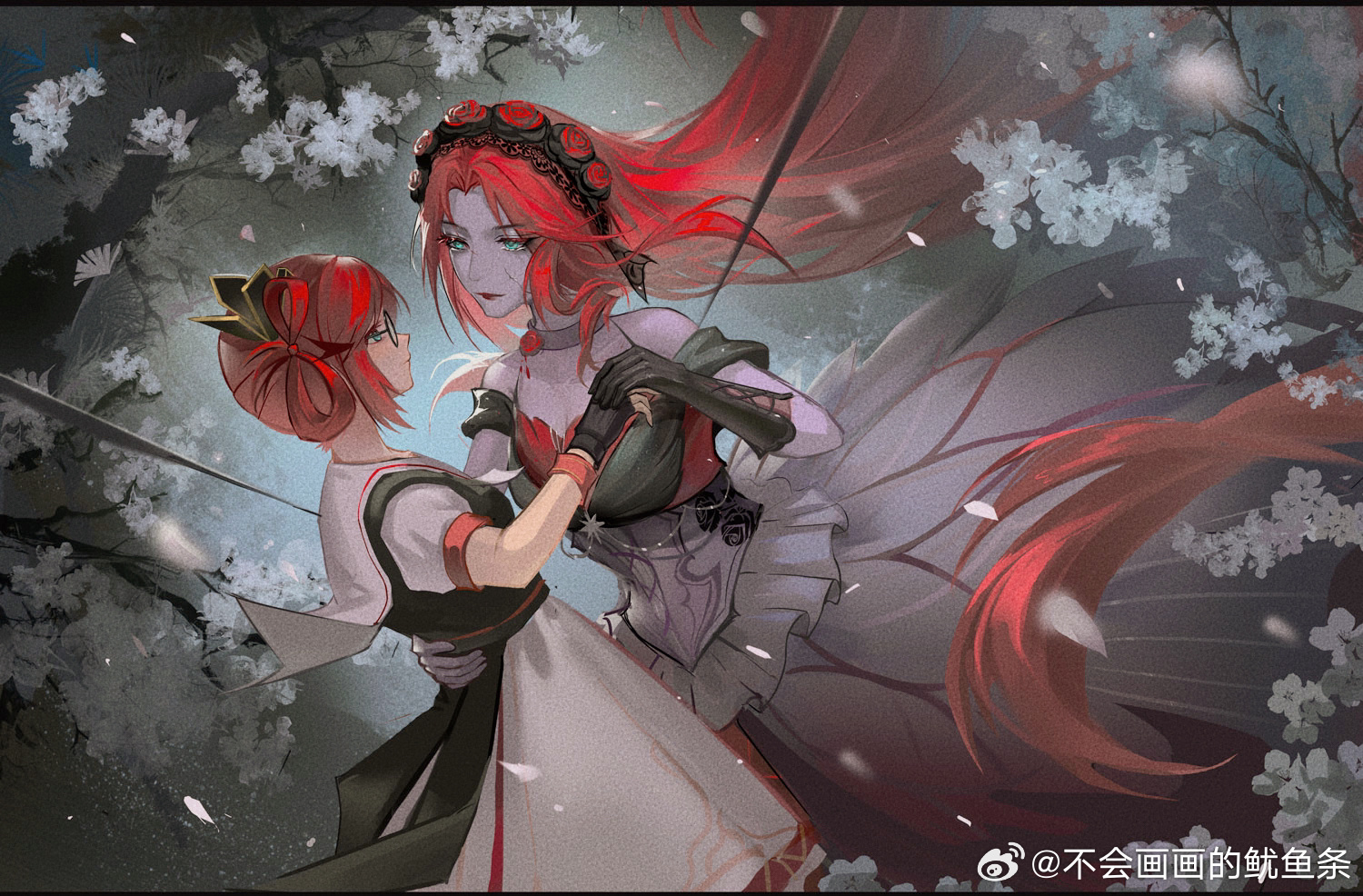banshee (infinity nikki), nonoy (infinity nikki), infinity nikki, nikki (series), 2girls, absurdly long hair, aqua eyes, back ribbon, bare shoulders, black-framed eyewear, black border, black flower, black gloves, black hairband, black ribbon, black rose, black sleeves, black vest, border, cherry blossoms, choker, closed mouth, collarbone, colored skin, cowboy shot, cracked skin, cross-laced clothes, cross-laced gloves, detached sleeves, dress, eye contact, eyelashes, eyes visible through hair, falling petals, feet out of frame, fingerless gloves, floating clothes, floating hair, flower, flower dress, frilled dress, frills, glasses, gloves, gown, grey choker, grey dress, grey skin, hair flower, hair ornament, hair rings, hairband, hand on another's hip, holding hands, lace-trimmed hairband, lace trim, letterboxed, lipstick, long dress, long hair, looking at another, makeup, medium dress, moonlight, multiple girls, neck flower, neck ribbon, night, origami, outdoors, paper crane, petals, pleated dress, pointy nose, puffy short sleeves, puffy sleeves, red flower, red hair, red lips, red rose, ribbon, rose, round eyewear, sailor collar, short hair, short sleeves, single hair ring, sleeveless, sleeveless dress, tree, very long hair, vest, watermark, wavy hair, weibo watermark, white dress, white flower, white ribbon, white sailor collar, wristband, youyutiao, yuri