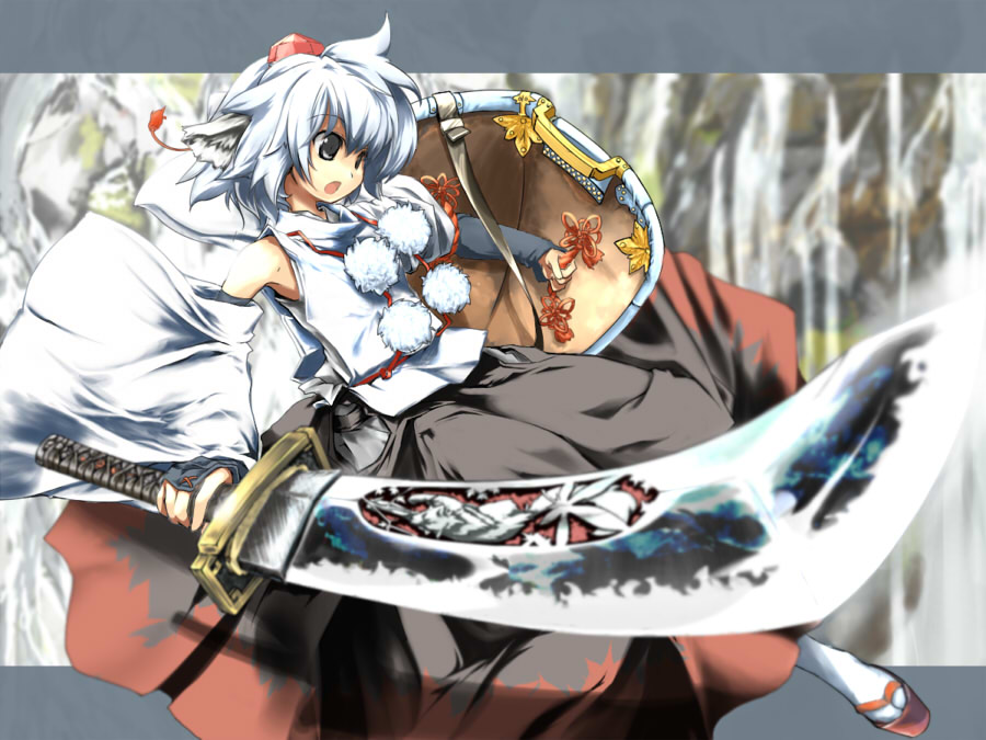 sanoharu, inubashiri momiji, touhou, silver hair, 1girl, alternate weapon, animal ears, detached sleeves, female focus, geta, grey eyes, hat, shield, short hair, solo, sword, tokin hat, weapon, wolf ears