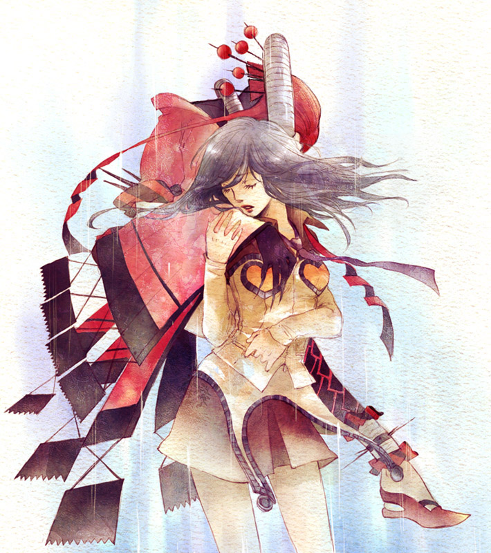 yoki (artist), amano maya, maia, atlus, persona, persona 2, 2girls, black hair, closed eyes, heart, jacket, lipstick, makeup, multiple girls, necktie, skirt