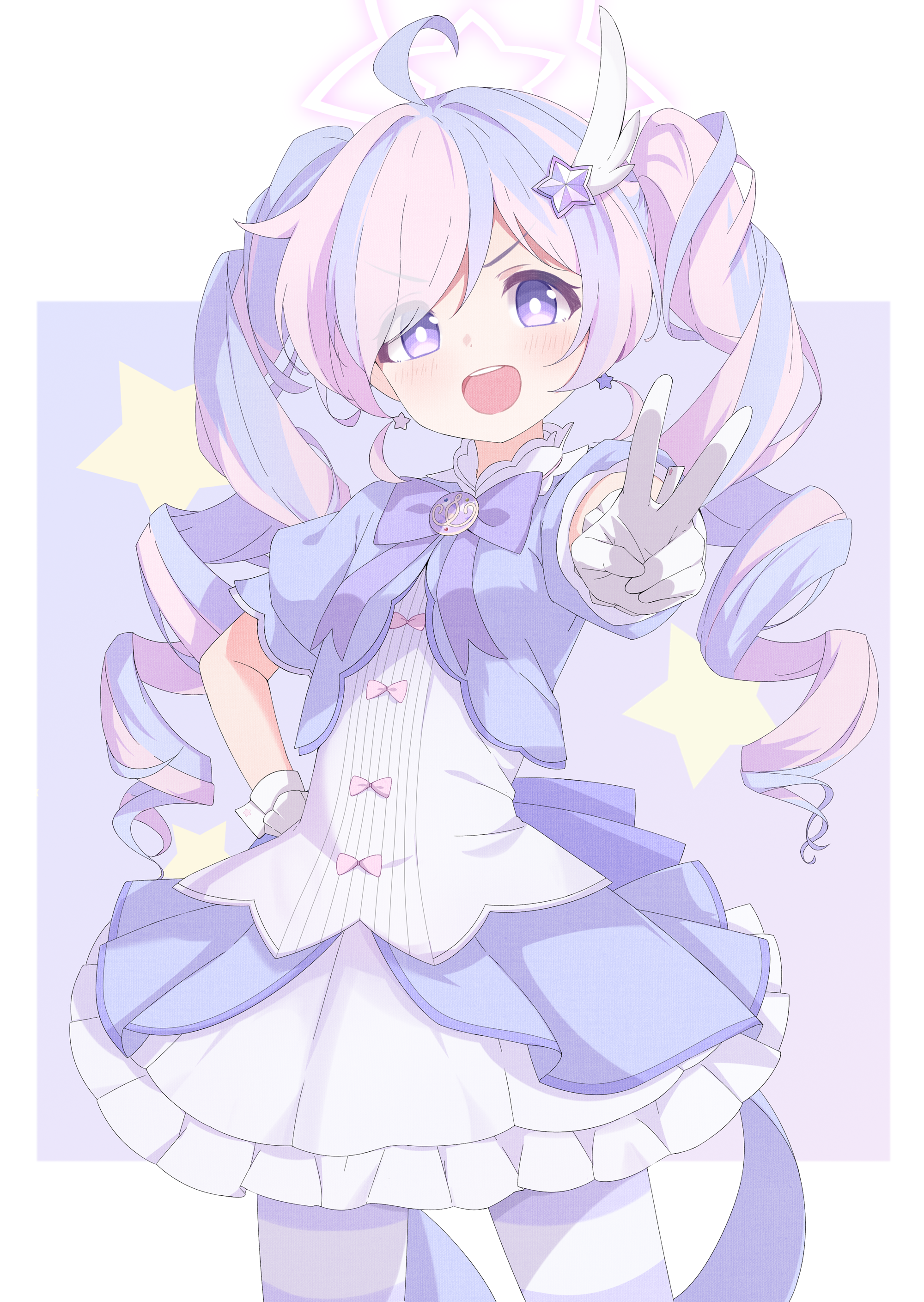 rokukarashi, reisa (blue archive), reisa (magical) (blue archive), blue archive, absurdres, highres, 1girl, ahoge, gloves, halo, magical girl, multicolored hair, official alternate costume, open mouth, pantyhose, pink hair, purple eyes, solo, star (symbol), twintails, white gloves