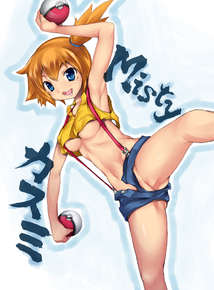 imazon, misty (pokemon), nintendo, pokemon, bad id, bad pixiv id, 1girl, armpits, blue eyes, breasts, female focus, holding, holding poke ball, leg lift, medium breasts, midriff, navel, no bra, no panties, open fly, orange hair, poke ball, poke ball (basic), side ponytail, solo, suspenders, tank top, uncensored, underboob, unzipped