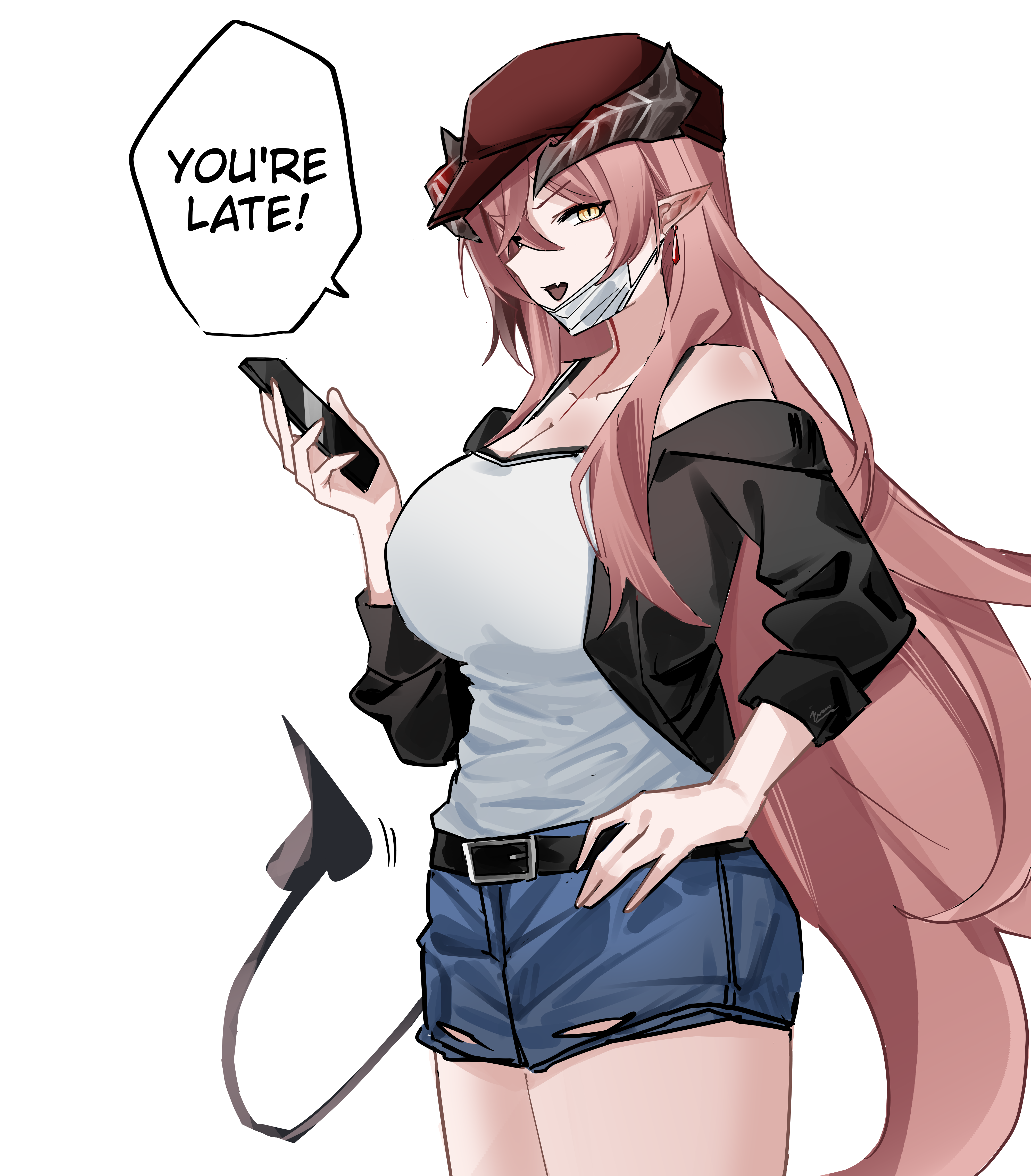 yazu (zoddiacz), ulsulah (arknights), arknights, absurdres, commentary, english commentary, highres, 1girl, alternate costume, belt, black belt, black jacket, black tail, blush, breasts, casual, cellphone, cleavage, collarbone, cowboy shot, crossed bangs, demon girl, demon horns, demon tail, denim, denim shorts, earrings, english text, fang, from side, gem, hair between eyes, hand up, hat, holding, holding phone, horns, jacket, jewelry, large breasts, long hair, long sleeves, looking at viewer, looking to the side, mask, mask around neck, off-shoulder jacket, off shoulder, open clothes, open jacket, phone, pink hair, pointy ears, red hat, shorts, signature, simple background, skin fang, slit pupils, smartphone, smile, solo, speech bubble, standing, tail, tail wagging, thighs, very long hair, white background, white mask, yellow eyes