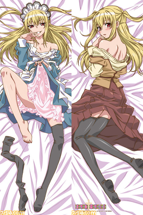 shidou mariya, maria holic, 00s, 1boy, barefoot, blonde hair, crossdressing, crossdressing (mtf), dakimakura (medium), feet, leg lift, mole, mole under eye, multiple views, red eyes, single thighhigh, thighhighs, trap, twintails, undressing, watermark