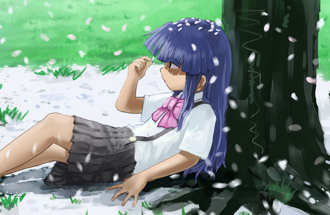 napuandou, furude rika, higurashi no naku koro ni, bad id, bad pixiv id, 00s, 1girl, blue hair, bow, cherry blossoms, female focus, long hair, petals, pink bow, school uniform, solo