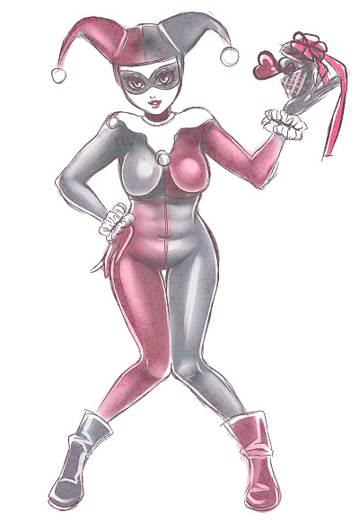 kafe (pixiv), harley quinn, batman (series), dc comics, bad id, bad pixiv id, inactive account, 1girl, black bodysuit, bodysuit, boots, domino mask, eye mask, female focus, full body, gift, gloves, hand on own hip, hat, heart, holding, holding gift, jester cap, knees together feet apart, lipstick, makeup, mask, simple background, skin tight, solo, thigh gap, thighs