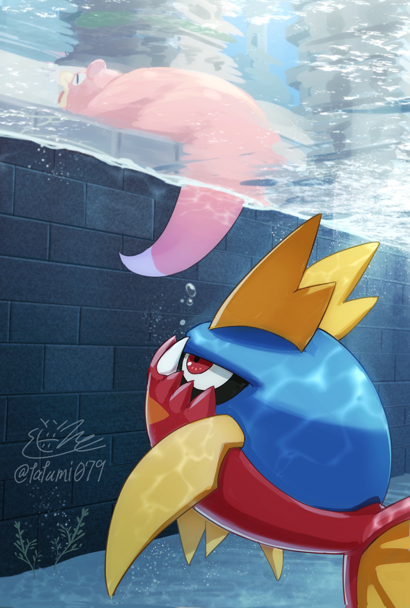 tatsumi (panneko), carvanha, slowpoke, nintendo, pokemon, highres, brick wall, bubble, colored skin, fangs, fish, from below, full body, gen 1 pokemon, gen 3 pokemon, imminent bite, light reflection (water), lying, no humans, on stomach, outdoors, pink skin, pokemon (creature), pokemon focus, red eyes, signature, sleeping, twitter username, underwater