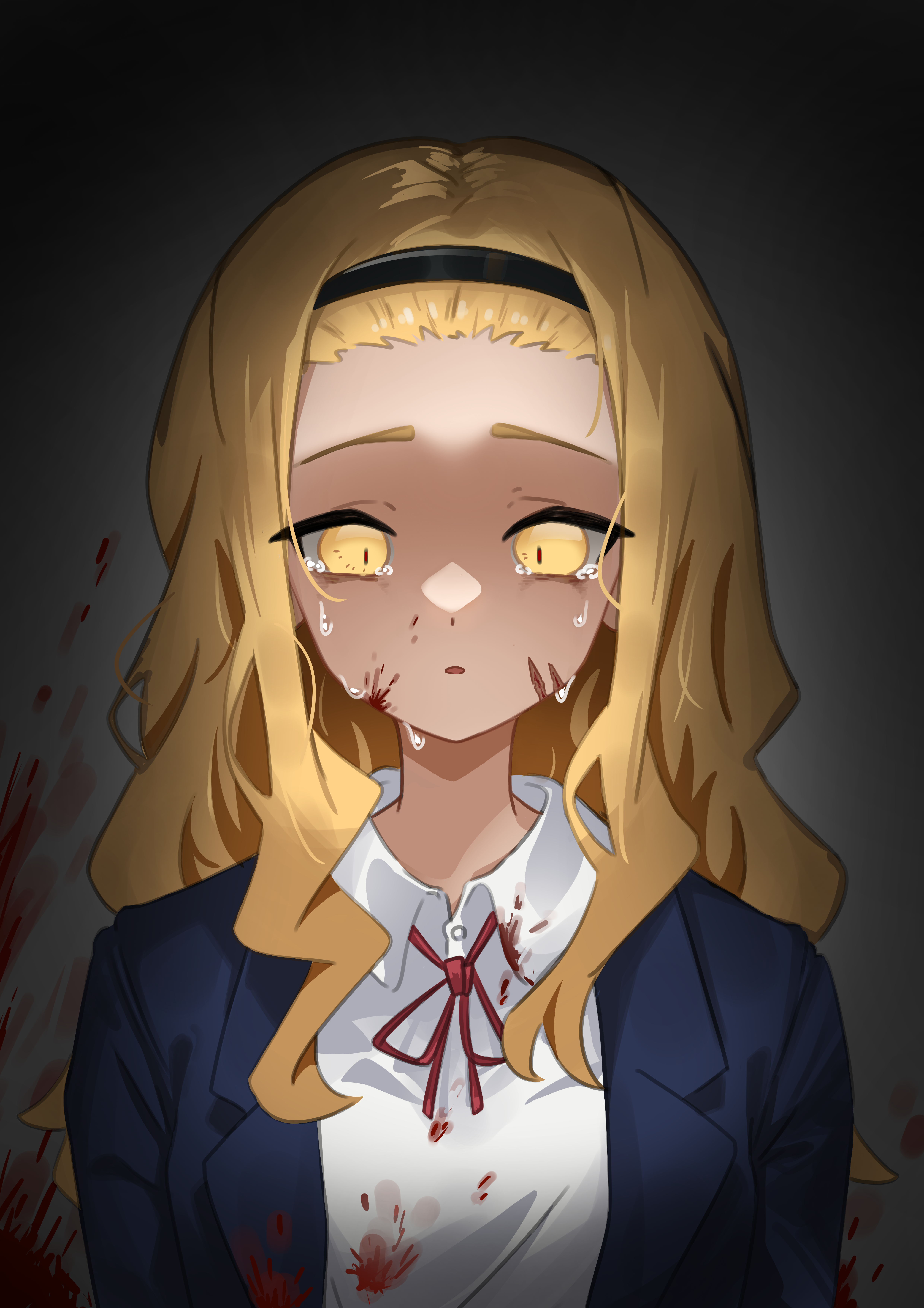 ge7f, kirarazaka marina, takopii no genzai, absurdres, highres, 1girl, bangs pinned back, blazer, blonde hair, blood, blood on clothes, blood on face, blood splatter, crying, hairband, jacket, long hair, looking at viewer, parted lips, scar, scar on face, school uniform, shirt, solo, tears, upper body, white shirt, yellow eyes