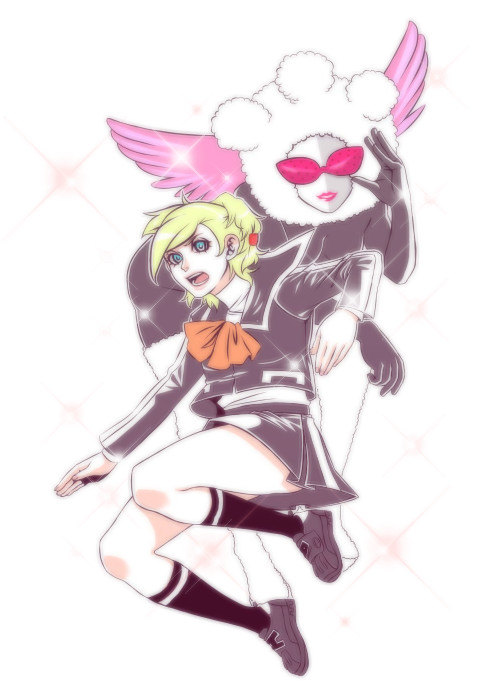 kafe (pixiv), lisa silverman, atlus, persona, persona 2, persona 2 batsu, bad id, bad pixiv id, inactive account, blonde hair, blue eyes, kneehighs, lipstick, makeup, school uniform, shoes, skirt, sneakers, socks, solo, sparkle, sunglasses