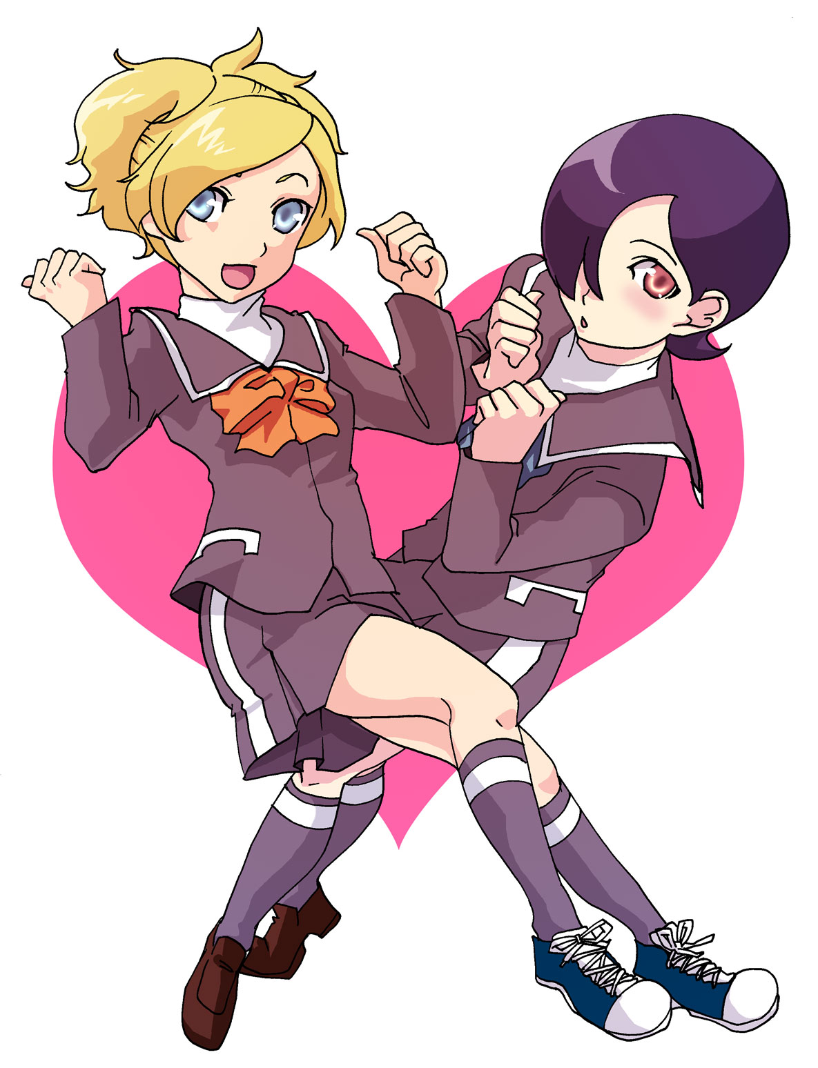 ryou-zyx, kurosu jun, lisa silverman, atlus, persona, persona 2, persona 2 tsumi, bad id, bad pixiv id, highres, blonde hair, blue eyes, heart, kneehighs, purple hair, school uniform, shoes, short hair, skirt, sneakers, socks