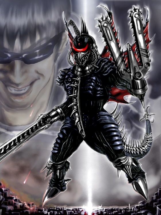 yamabuki ryuu, controller of planet x, gigan, modified gigan, xilien, xilien keizer, godzilla: final wars, godzilla (series), toho, bad id, bad pixiv id, 1boy, alien, amputee, arm blade, bodysuit, chainsaw, clenched teeth, cyborg, forked tail, full body, gauntlets, giant, giant monster, holding, holding sword, holding weapon, kaiju, looking at viewer, monster, neck brace, pincers, polearm, prosthesis, prosthetic arm, saw, space monster, standing, sword, tail, teeth, trident, upper body, weapon