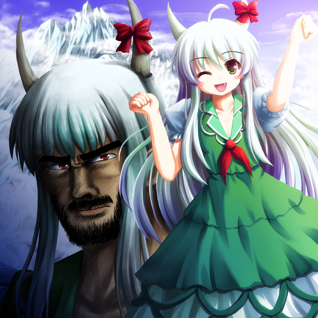akashio (loli ace), ex-keine, kamishirasawa keine, touhou, bad id, bad pixiv id, 1boy, 1girl, beard, blush, dress, facial hair, fang, green dress, horns, long hair, looking at viewer, manly, mustache, neckerchief, paw pose, sailor collar, sailor dress, tareme