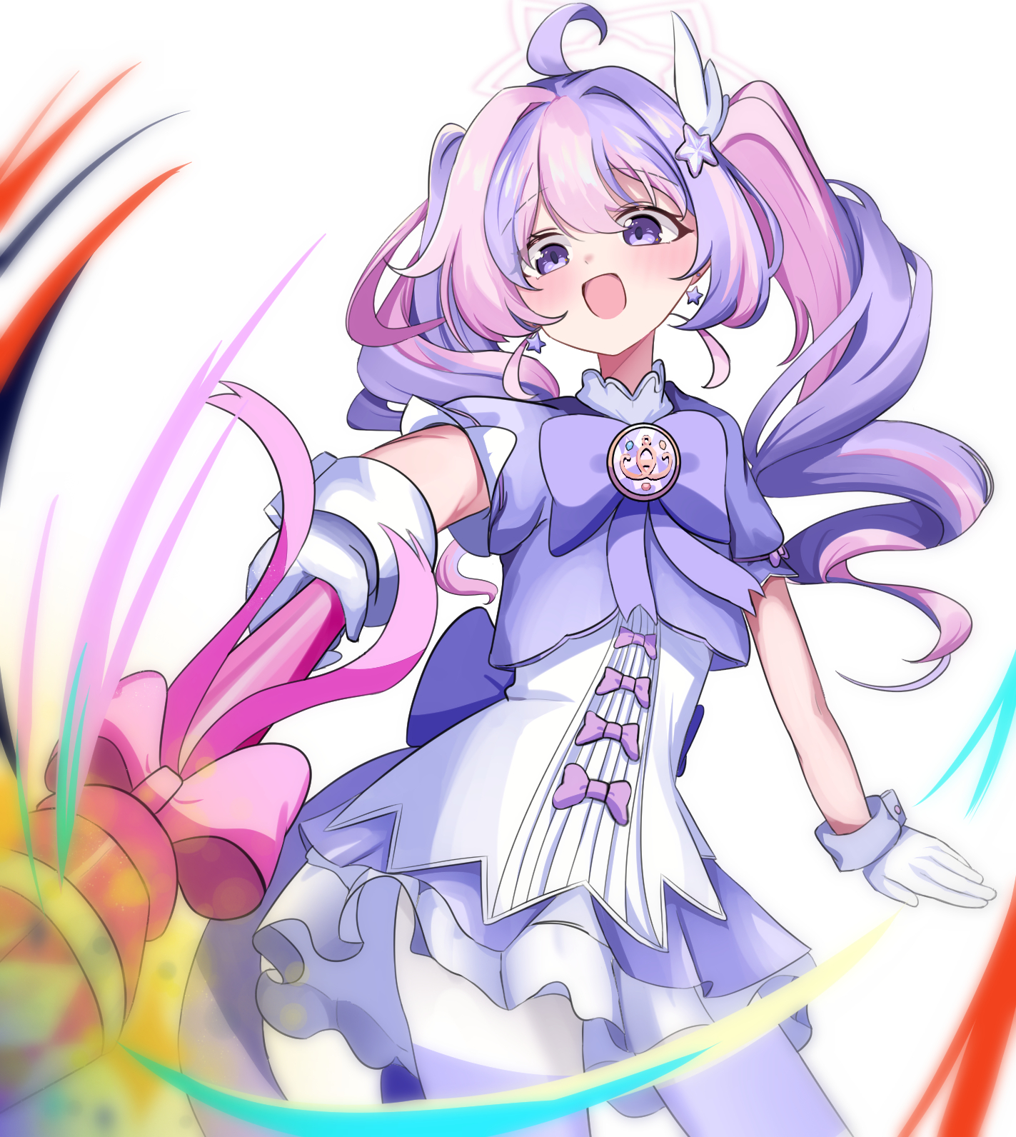 sabnak66, reisa (blue archive), reisa (magical) (blue archive), blue archive, commentary request, highres, korean commentary, 1girl, :d, cowboy shot, drill hair, earrings, gloves, hair ornament, halo, holding, jewelry, long hair, magical girl, multicolored hair, open mouth, pink hair, puffy short sleeves, puffy sleeves, purple eyes, purple hair, short sleeves, simple background, smile, solo, star (symbol), star earrings, star hair ornament, twin drills, twintails, two-tone hair, white background, white gloves