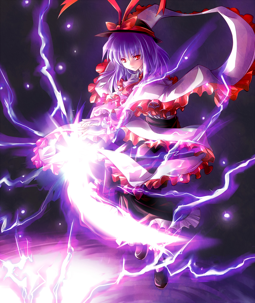 shirosa, nagae iku, touhou, light, 1girl, female focus, frills, glaring, hat, hat ribbon, lightning, looking at viewer, purple hair, red eyes, ribbon, serious, shawl, short hair, solo