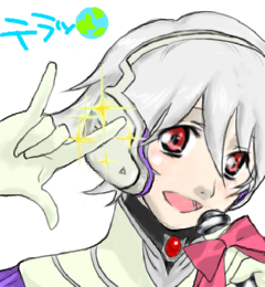 orion23, soldier blue, macross, macross frontier, toward the terra, silver hair, bad id, bad pixiv id, lowres, 1boy, m/, albino, gloves, headphones, male focus, microphone, parody, red eyes, seikan hikou, smile, solo, star (symbol)
