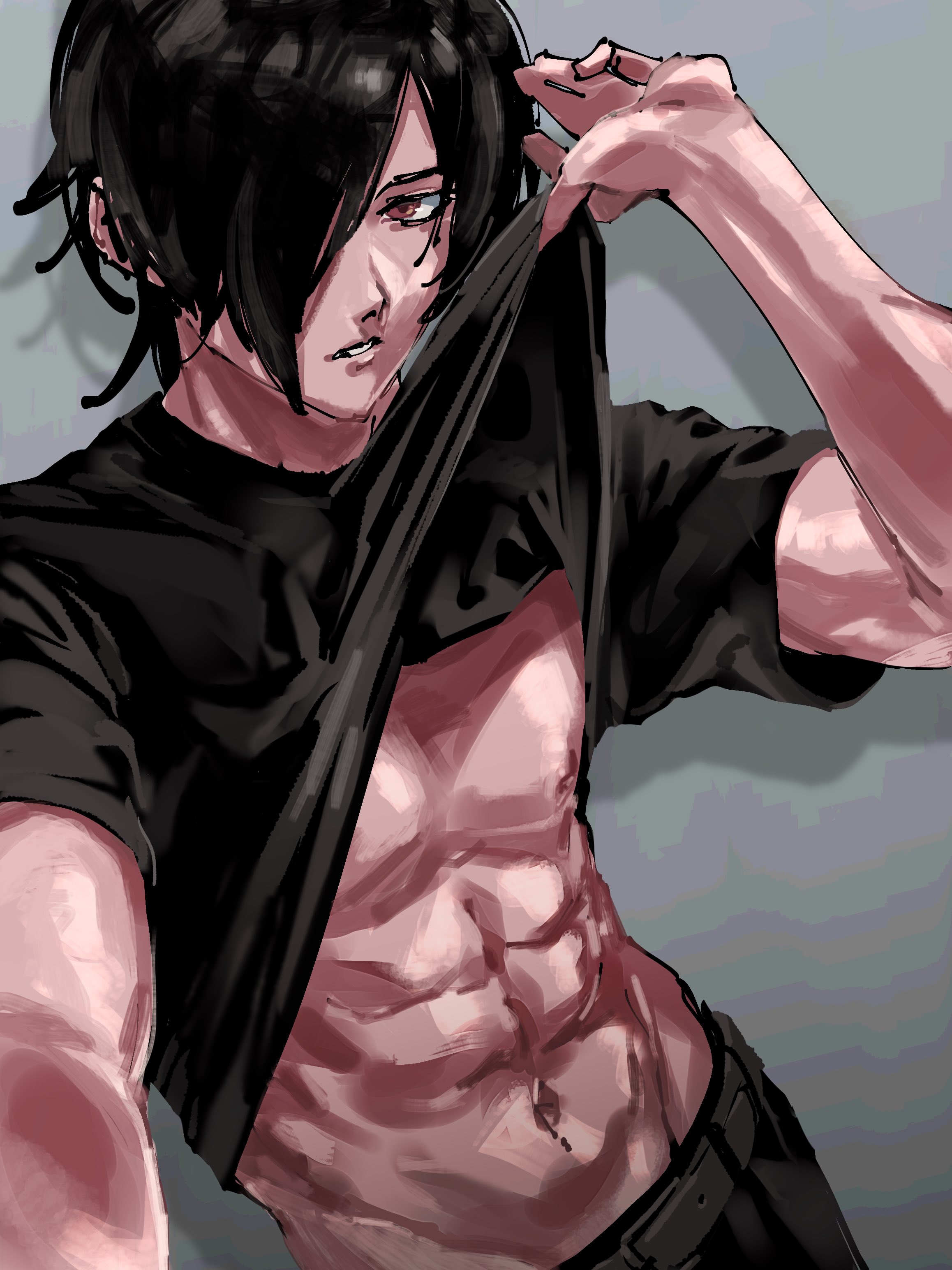 mitsuya57, araragi koyomi, monogatari (series), absurdres, highres, abs, belt, black hair, brown eyes, grey background, hair over one eye, lifting own clothes, looking at viewer, muscular, muscular male, open mouth, selfie, shirt, teeth, upper teeth only