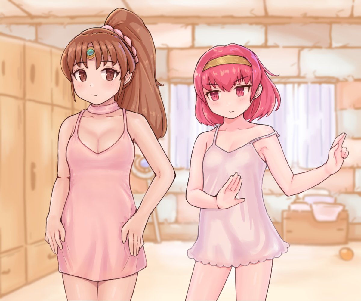 kutabireta neko, linde (fire emblem), maria (fire emblem), fire emblem, fire emblem: mystery of the emblem, fire emblem: shadow dragon and the blade of light, nintendo, 2girls, armpits, blush, breasts, brown eyes, brown hair, choker, circlet, collarbone, gold headband, long hair, medium breasts, multiple girls, nightgown, pink nightgown, ponytail, red eyes, red hair, scrunchie, short hair, sleeveless, small breasts, white nightgown