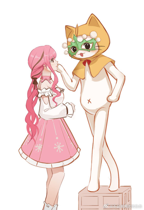 momo (nikki), momo longlegs (infinity nikki), nikki (nikki), perfect start (infinity nikki), infinity nikki, nikki (series), chinese commentary, commentary request, 1girl, ahoge, animal, arm cutout, bare shoulders, black bow, black eyes, black ribbon, bow, bow choker, bow legwear, bowtie, box, brown eyes, cat, choker, cloak, closed mouth, clothed animal, clothing cutout, ear covers, expressionless, feet out of frame, frilled shirt, frilled skirt, frills, from side, green mask, hair bow, hair ribbon, hand on another's face, hand on own hip, hood, hood up, hooded cloak, long hair, long legs, long sidelocks, looking at another, low twintails, mask, masquerade mask, medium skirt, navel, off-shoulder shirt, off shoulder, on box, open mouth, pink bow, pink choker, pink hair, pink skirt, pleated skirt, pointy nose, print skirt, red bow, red bowtie, ribbon, shirt, sidelocks, simple background, skirt, smile, snowflake print, socks, standing, standing on box, tress ribbon, twintails, very long hair, watermark, wavy hair, weibo watermark, white background, white cat, white shirt, white socks, yellow cloak, youyutiao