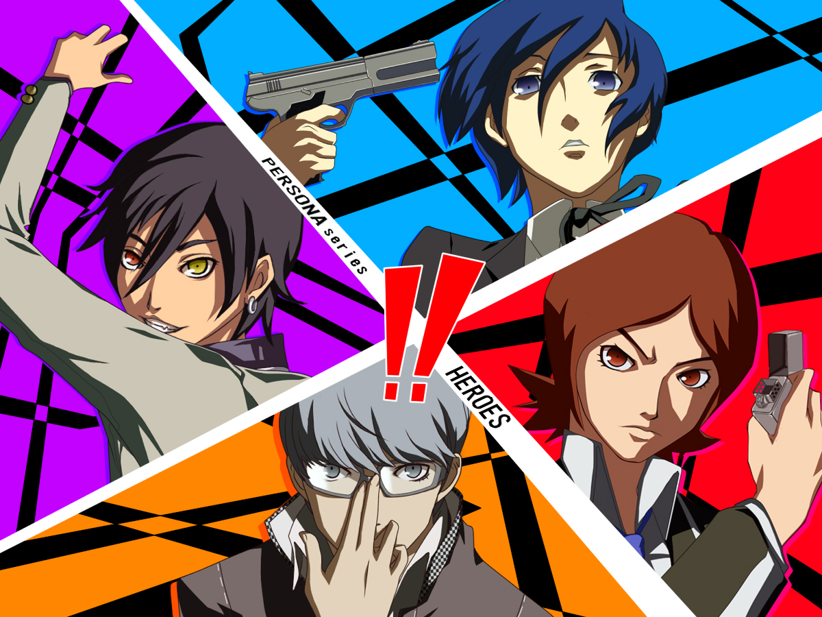 mokichi ex, shigeru kichi, naoya toudou, narukami yu, suou tatsuya, toudou naoya, atlus, persona, persona 1, persona 2, persona 2 tsumi, persona 3, persona 4, !, !!, 4boys, all-out attack, black hair, blue eyes, blue hair, brown eyes, brown hair, evoker, glasses, grey eyes, grey hair, gun, gun to head, heterochromia, holding, holding gun, holding weapon, male focus, maya amano (persona 3), multiple boys, weapon