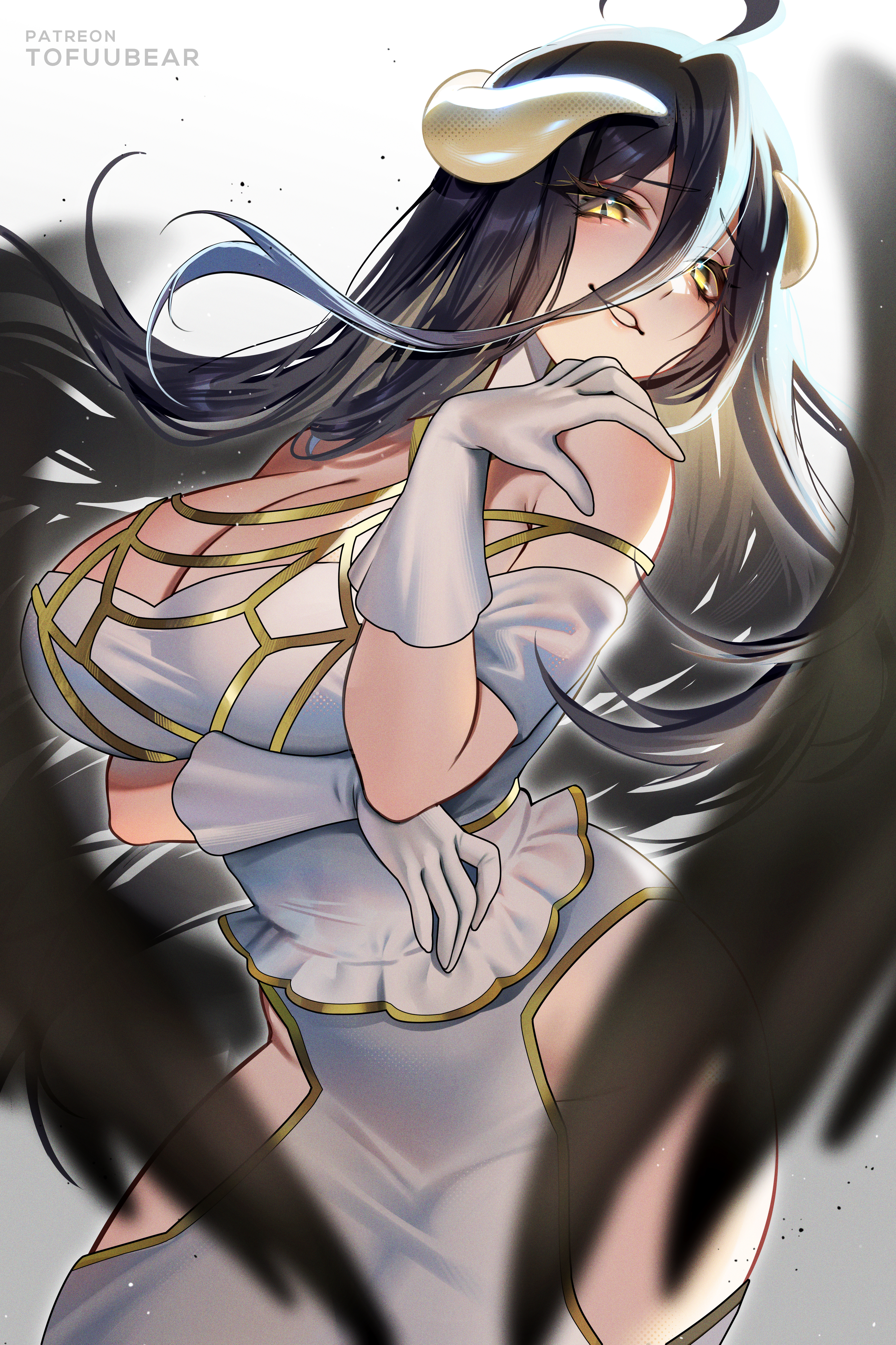tofuubear, albedo (overlord), overlord (maruyama), absurdres, highres, tagme, 1girl, bare shoulders, black hair, black wings, blush, breasts, clothing cutout, demon girl, gloves, hair between eyes, hip vent, horns, large breasts, long hair, looking at viewer, parted lips, patreon username, smile, solo, white gloves, wings, yellow eyes