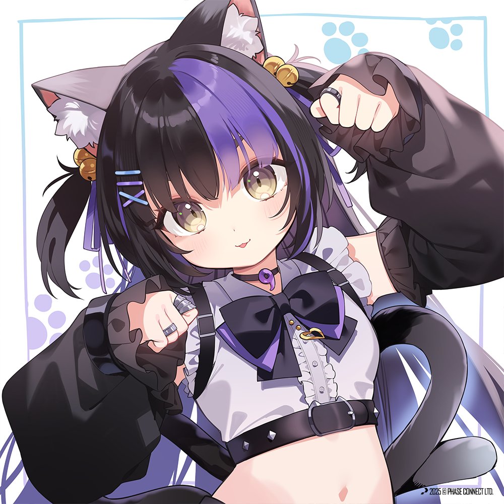 phase connect, artist request, official art, 1girl, animal ear fluff, animal ears, anya nyabyss, bell, black bow, black bowtie, black hair, bow, bowtie, cat ears, cat girl, cat tail, center frills, copyright notice, cropped shirt, frills, hair bell, hair ornament, jewelry, magatama, navel, paw print, purple hair, ring, sleeves past wrists, solo, tail, virtual youtuber