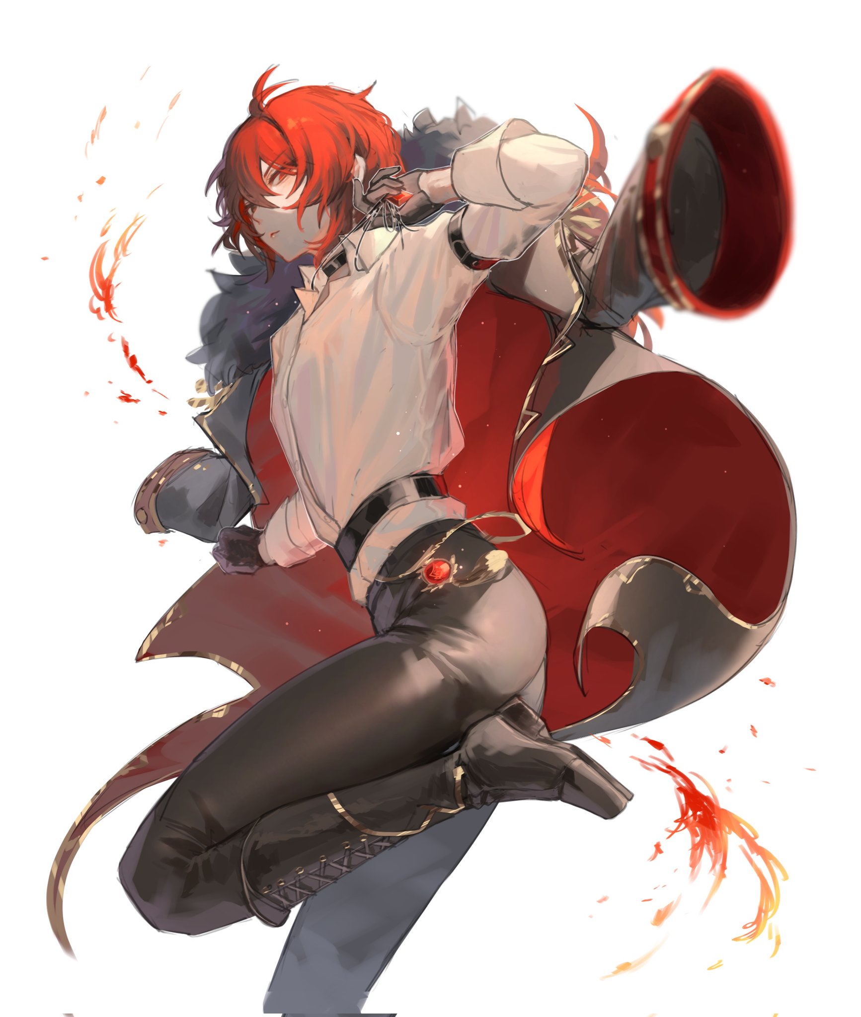zehuij, diluc (genshin impact), genshin impact, commentary request, highres, 1boy, ass, black gloves, closed mouth, collared shirt, feet out of frame, fur-trimmed jacket, fur trim, gloves, hair between eyes, jacket, long hair, looking at viewer, male focus, pants, red eyes, red hair, shirt, simple background, solo, tight clothes, tight pants, white background, white shirt
