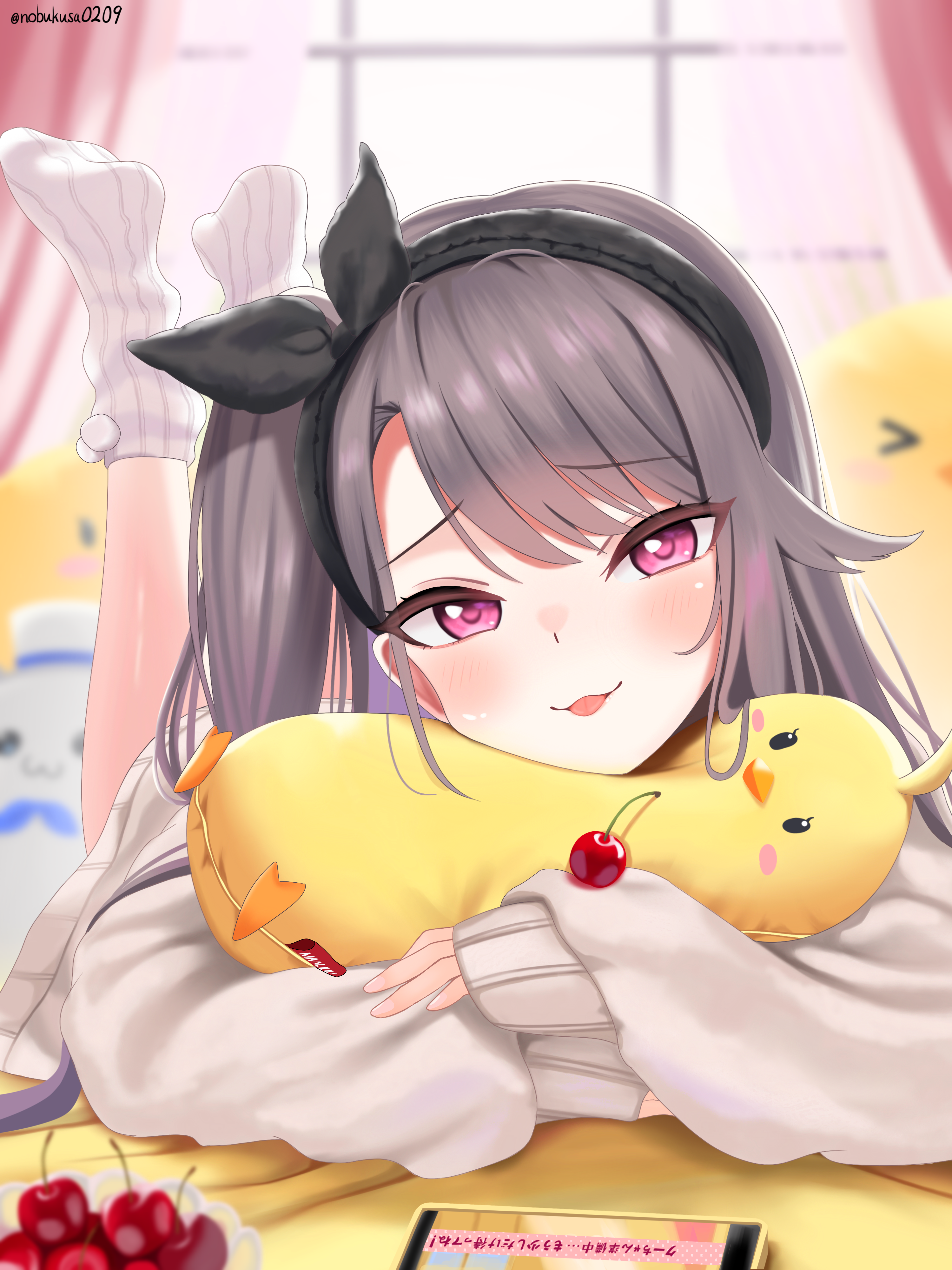 nobukusa0209, manjuu (azur lane), meowfficer (azur lane), pamiat merkuria (azur lane), pamiat merkuria (sweet cherry memories) (azur lane), azur lane, absurdres, commentary request, highres, translation request, > <, 1girl, :3, :p, ahoge, artist name, baby animal, backlighting, bare legs, bird, black hair, blurry, blurry background, blush, bowl, brown cardigan, cardigan, cat, cellphone, cherry, chick, curtains, feet, feet up, food, fruit, hairband, head rest, indoors, long hair, long sleeves, looking at viewer, lying, no shoes, official alternate costume, on stomach, one side up, open mouth, phone, pillow, pom pom (clothes), purple eyes, sleeves past wrists, smartphone, smile, socks, stuffed animal, stuffed toy, sunlight, the pose, tongue, tongue out, white cat, white socks, window