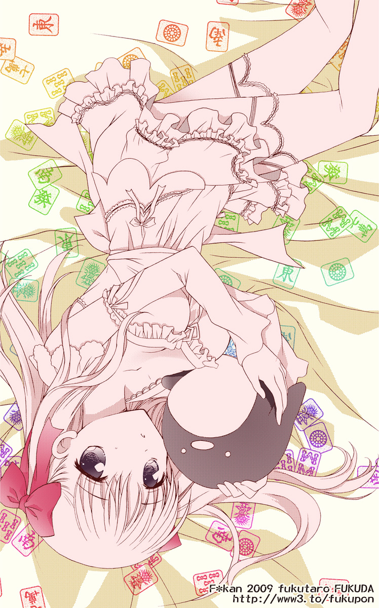 fukuda fukutarou, fukutaro, etopen, haramura nodoka, saki (manga), highres, 00s, 1girl, bird, board game, bow, colorful, detached sleeves, dress, hair bow, lingerie, long hair, lying, mahjong, mahjong tile, monochrome, multiple monochrome, nightgown, penguin, pink theme, ribbon, stuffed animal, stuffed penguin, stuffed toy, twintails, underwear, upside-down