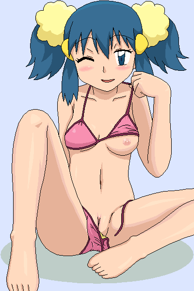 kuro hopper, dawn (pokemon), nintendo, pokemon, bad id, bad pixiv id, 1girl, barefoot, bikini, breasts, feet, female focus, nipple slip, nipples, oekaki, one eye closed, pink bikini, pussy, side-tie bikini bottom, solo, spread legs, string bikini, swimsuit, uncensored, undressing, wink