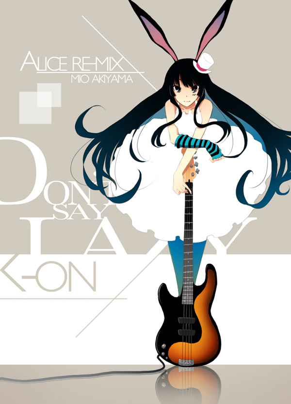 ochakai shin'ya, akiyama mio, don't say "lazy", k-on!, striped, bad id, bad pixiv id, 00s, 1girl, animal ears, bass guitar, black hair, blue eyes, blue pantyhose, dress, facepaint, female focus, gothic lolita, guitar, hat, instrument, lolita fashion, long hair, mini hat, mini top hat, pantyhose, rabbit ears, solo, top hat