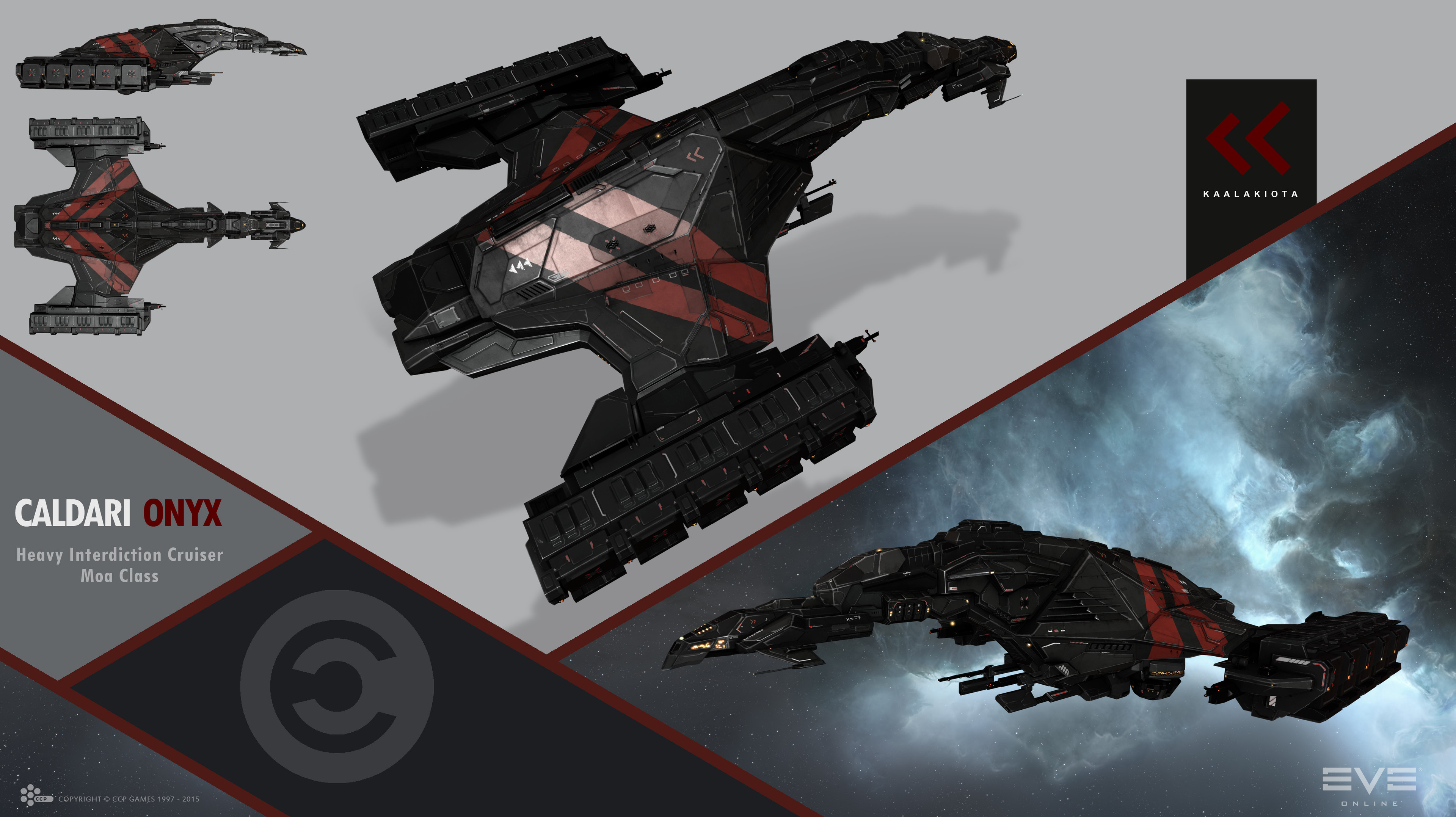 eve online, absurdres, commentary, english commentary, highres, maya (medium), official art, photoshop (medium), 3d, advanced ship (eve online), caldari state (eve online), cloud, company logo, company name, copyright logo, copyright name, cruiser (eve online), dated, emblem, glowing, grey background, interdictor (eve online), kaalakiota corporation (eve online), logo, military vehicle, moa (eve online), multiple views, nebula, no humans, outdoors, realistic, science fiction, shadow, sky, space, spacecraft, star (sky), starry sky, tackler (eve online), tech 2 ship (eve online), vehicle focus, vehicle name, ymir jonsson