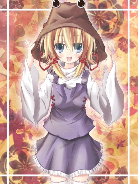 amane (pixiv393859), moriya suwako, touhou, bad id, bad pixiv id, inactive account, 1girl, blonde hair, fang, female focus, frog, hair ribbon, hat, ribbon, skirt, solo, thighhighs, twintails