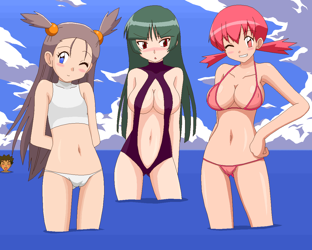 kuro hopper, brock (pokemon), jasmine (pokemon), sabrina (pokemon), whitney (pokemon), nintendo, pokemon, pokemon (anime), pokemon gsc, silver hair, bad id, bad pixiv id, 1990s (style), 1boy, 3girls, beach, bikini, blue eyes, blush, breast envy, breasts, cameltoe, cleavage, cloud, covered erect nipples, day, embarrassed, green hair, grin, gym leader, large breasts, long hair, lowleg, lowleg bikini, multiple girls, oekaki, one eye closed, outdoors, pink eyes, pink hair, red eyes, retro artstyle, short hair, short twintails, smile, sports bikini, standing, string bikini, swimsuit, take your pick, twintails, two side up, water, wink