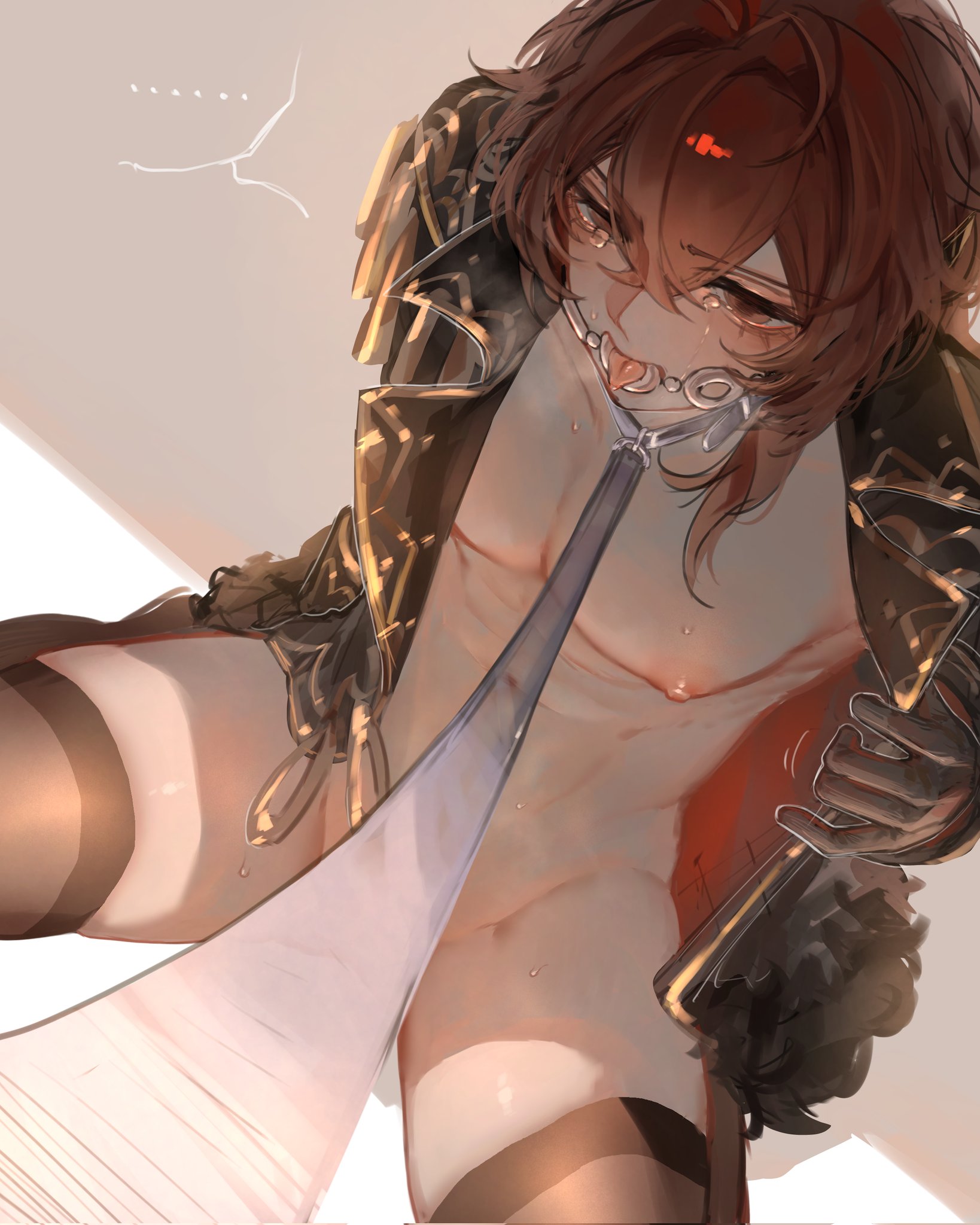 zehuij, diluc (genshin impact), genshin impact, highres, 1boy, black gloves, black thighhighs, gloves, hair between eyes, jacket, leash, male focus, nipples, open clothes, open jacket, pectorals, red eyes, red hair, solo, sweat, thighhighs, thighs, tongue, tongue out, viewer holding leash