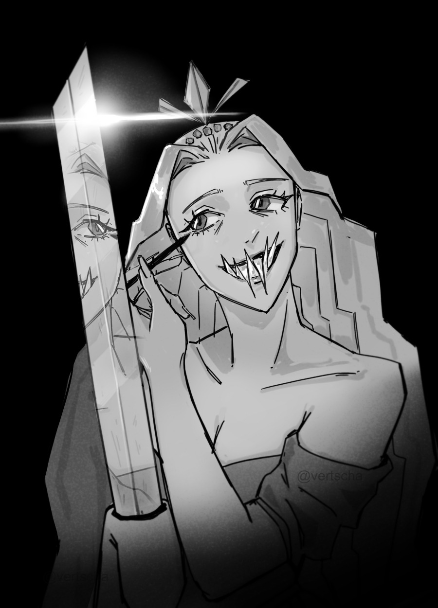 princess (slay the princess), the razor (slay the princess), slay the princess, highres, 1girl, bare shoulders, black background, blade arm, eyeliner, fangs, glint, greyscale, hand up, long hair, makeup, monochrome, reflection, sharp teeth, solo, teeth, twitter username, upper body, vertscha