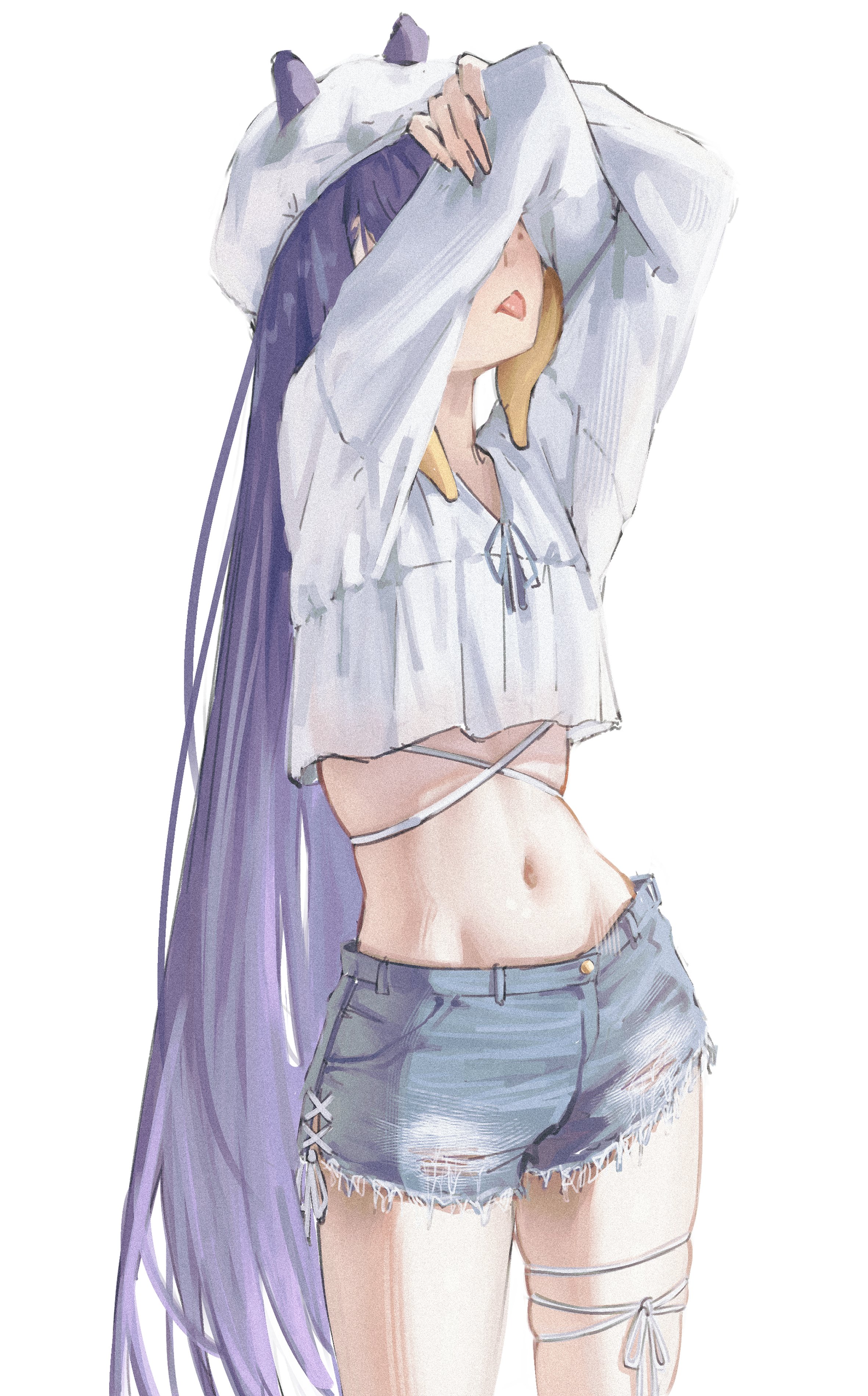 samukzz, ninomae ina'nis, hololive, hololive english, absurdres, commentary, english commentary, highres, 1girl, arms up, beret, blue shorts, covering own eyes, cropped shirt, denim, denim shorts, gradient hair, hat, linea alba, long hair, long sleeves, midriff, multicolored hair, navel, official alternate costume, orange hair, pointy ears, purple hair, shirt, short shorts, shorts, sidelocks, simple background, solo, straight hair, tentacle hair, thigh strap, torn clothes, torn shorts, very long hair, virtual youtuber, white background, white hat, white shirt