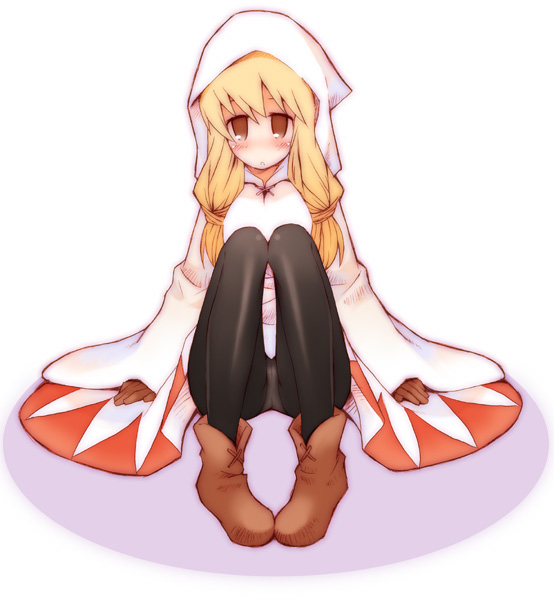 b.tarou, white mage (fft), white mage (final fantasy), final fantasy, final fantasy tactics, white mage, 1girl, blonde hair, blush, braid, female focus, full body, hood, long hair, panties, panties under pantyhose, pantyhose, robe, solo, twin braids, underwear