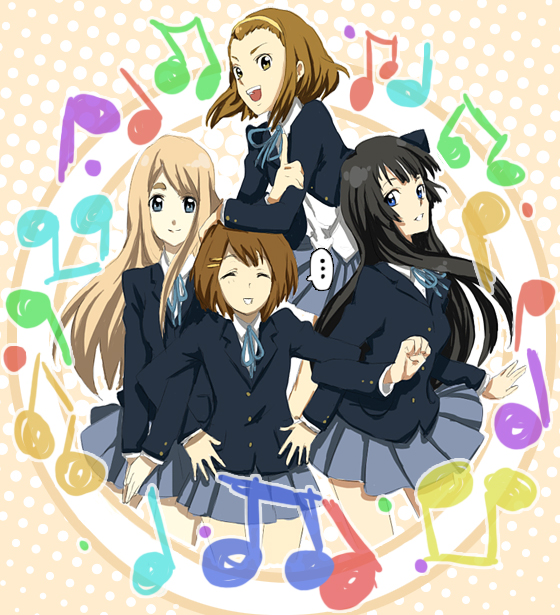 idunnowhatuwant, akiyama mio, hirasawa yui, kotobuki tsumugi, tainaka ritsu, k-on!, 00s, 4girls, blunt bangs, hime cut, ho-kago tea time, multiple girls, musical note, school uniform