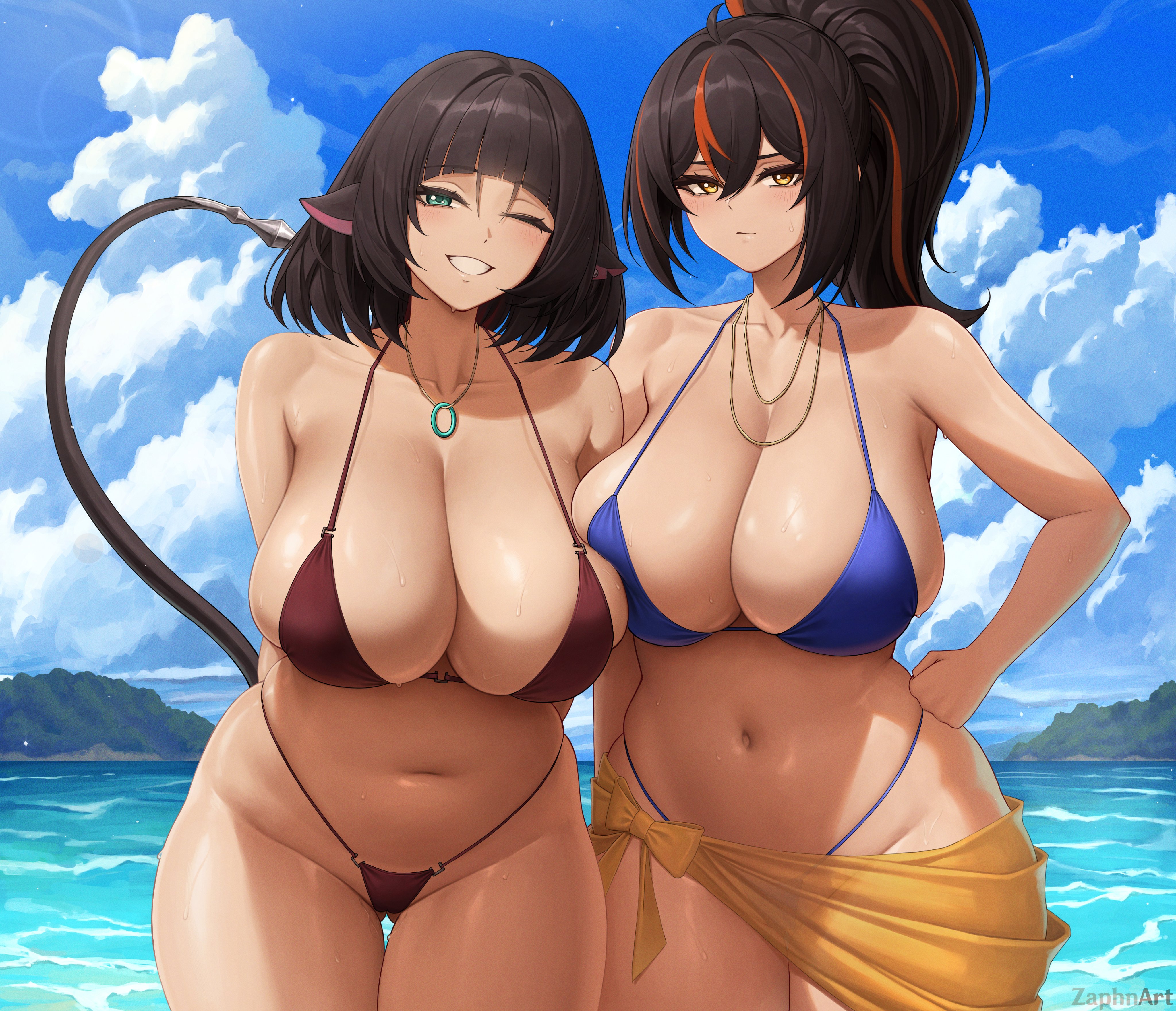 zaphn, jane doe (zenless zone zero), zhu yuan, zenless zone zero, absurdres, commentary, highres, paid reward available, 2girls, alternate costume, animal ears, bikini, black hair, blue bikini, blush, breasts, cleavage, closed mouth, collarbone, day, green eyes, hair between eyes, hand on own hip, huge breasts, jewelry, long hair, looking at viewer, mouse ears, mouse girl, mouse tail, multicolored hair, multiple girls, navel, necklace, one eye closed, orange eyes, orange hair, outdoors, ponytail, red bikini, smile, stomach, streaked hair, swimsuit, tail
