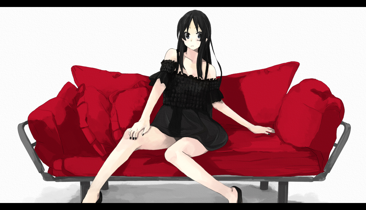 110 gou, akiyama mio, k-on!, bad id, bad pixiv id, 00s, 1girl, black hair, blunt bangs, dress, facepaint, female focus, high heels, hime cut, letterboxed, long hair, shoes, solo