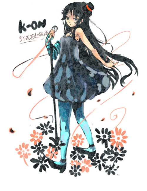 hikariz, akiyama mio, don't say "lazy", k-on!, striped, 00s, 1girl, bass guitar, black hair, blue pantyhose, blunt bangs, facepaint, female focus, gothic lolita, hat, hime cut, instrument, legs, lolita fashion, long hair, mini hat, mini top hat, pantyhose, solo, top hat
