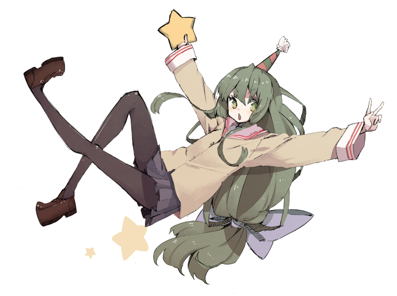 abara heiki, ibuki fuuko, clannad, bad id, bad pixiv id, 00s, 1girl, black pantyhose, bow, brown eyes, brown hair, female focus, hair bow, hat, large bow, long hair, long sleeves, midair, miniskirt, pantyhose, party hat, school uniform, skirt, solo, star (symbol), starfish, v