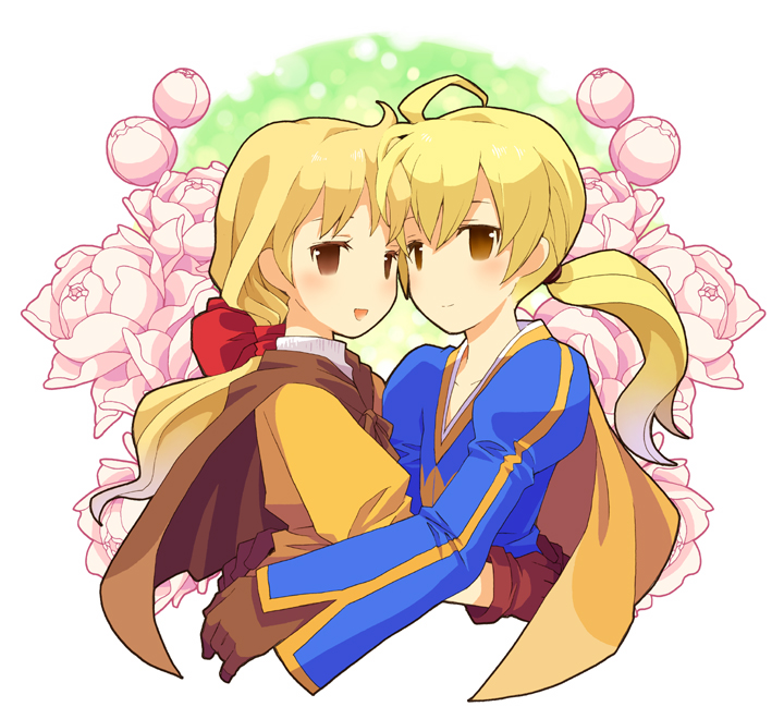 b.tarou, alma beoulve, ramza beoulve, final fantasy, final fantasy tactics, ahoge, blonde hair, blush, brother and sister, flower, hair ribbon, long hair, open mouth, ponytail, ribbon, siblings, smile