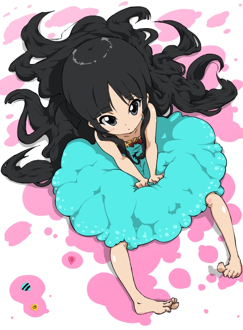 kuma kichi, akiyama mio, k-on!, 00s, 1girl, bare shoulders, barefoot, black eyes, black hair, blunt bangs, dress, feet, female focus, from above, hime cut, long hair, plectrum, sitting, solo, toes, v arms, very long hair