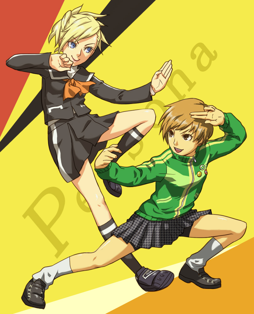 senri, shigumo (shigeru), lisa silverman, satonaka chie, atlus, persona, persona 2, persona 2 tsumi, persona 4, bad id, bad pixiv id, 2girls, blonde hair, blue eyes, brown eyes, crossover, fighting stance, jacket, kung fu, martial arts, multiple girls, pleated skirt, school uniform, short hair, skirt, smile, socks, tomboy, track jacket, vs