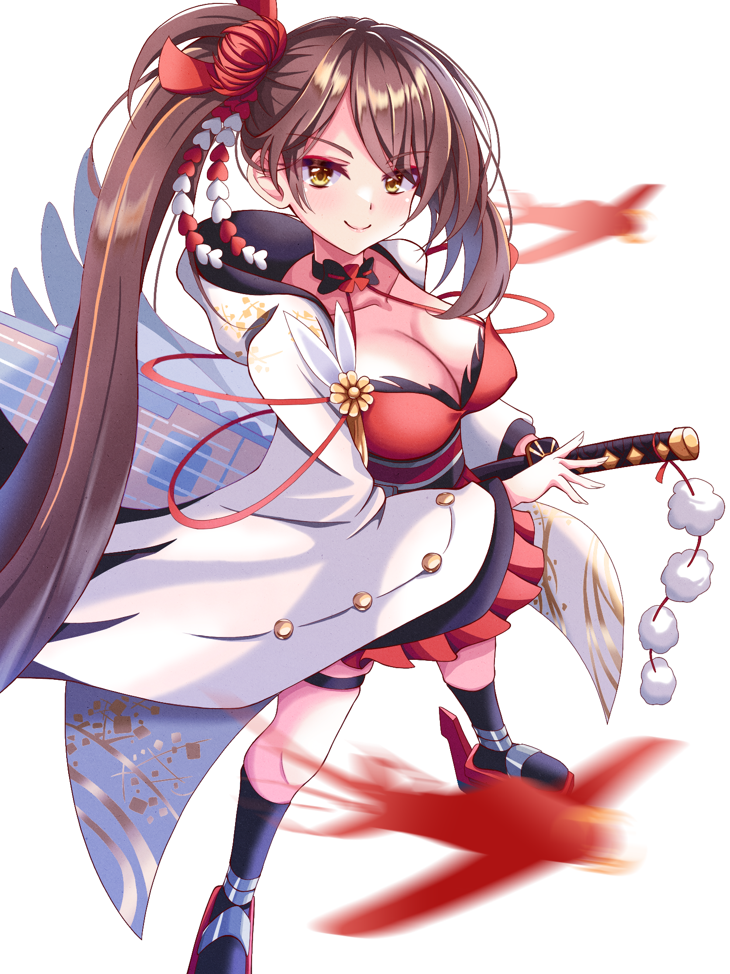 kokonoe910, zuikaku (azur lane), azur lane, commentary request, highres, 1girl, aircraft, airplane, bare shoulders, black socks, breasts, brown hair, cleavage, closed mouth, criss-cross halter, dress, eyeshadow, fighting stance, flight deck, hair ornament, halter dress, halterneck, high ponytail, holding, holding sword, holding weapon, japanese clothes, kanzashi, katana, kimono, kneehighs, large breasts, long hair, long sleeves, machinery, makeup, obi, open clothes, pleated dress, ponytail, ready to draw, red dress, red eyeshadow, rigging, rudder footwear, sash, sheath, shikigami, side ponytail, simple background, sleeveless, sleeveless turtleneck, smile, socks, solo, standing, sword, thigh strap, tsumami kanzashi, turtleneck, very long hair, weapon, white background, white kimono, wide sleeves