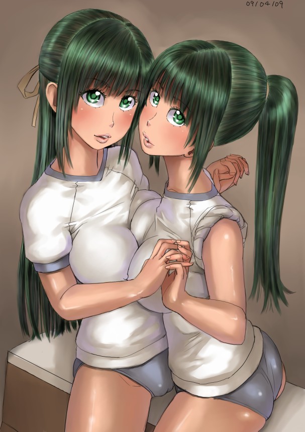 zenkou, sonozaki mion, sonozaki shion, higurashi no naku koro ni, 00s, 2girls, ass, breast press, breasts, buruma, cameltoe, green eyes, green hair, half updo, large breasts, multiple girls, ponytail, siblings, sisters, symmetrical docking, twins