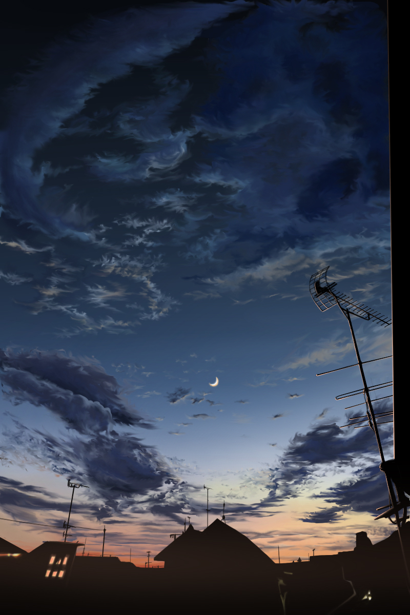 living, original, bad id, bad pixiv id, highres, antennae, cloud, moon, scenery, sky, sunset, town, twilight