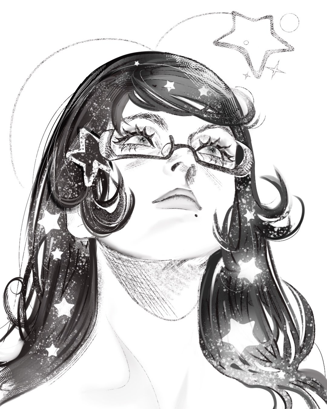 valemi bird, bayonetta, bayonetta (series), commentary, english commentary, highres, 1girl, eyelashes, glasses, lips, long hair, looking up, mole, mole under mouth, portrait, simple background, solo, sparkle, star (symbol), swept bangs, white background