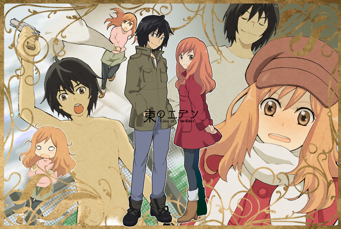 hazuki (pacco), morimi saki, takizawa akira, higashi no eden, 00s, 1boy, 1girl, black hair, blush, boots, brown eyes, closed eyes, coat, gun, hand grab, hat, hetero, holding hands, leggings, newsboy cap, nude, orange hair, pants, pantyhose, scarf, shadow, skirt, smile, sweater, weapon