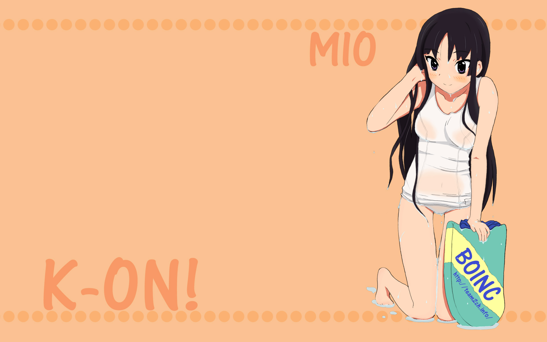 carbonara (artist), akiyama mio, k-on!, highres, 00s, 1girl, barefoot, black hair, blunt bangs, blush, breasts, female focus, hime cut, long hair, one-piece swimsuit, school swimsuit, smile, solo, swimsuit, wet, white one-piece swimsuit, white school swimsuit